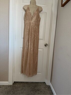 Double Crazy Rose Gold Sequin Wide Leg Plunge Neck Jumpsuit